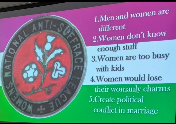 Slide showing Womens Anti-Suffrage League beliefs about the weaknesses of women.